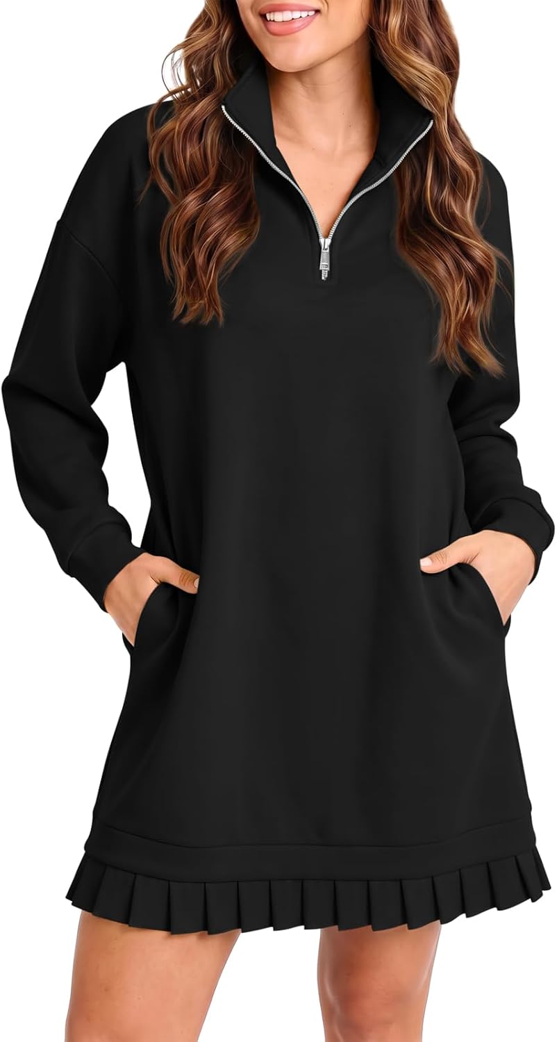 Fisoew Womens Casual Dress Half Zip Pleated Collared Sweatshirt Dresses | Long Sleeve, V Neck, Pockets, Stand Collar, Quarter Zip, Loose Fit, Active, Workout, Cozy, Travel, Vacation, Tunic, Tshirt