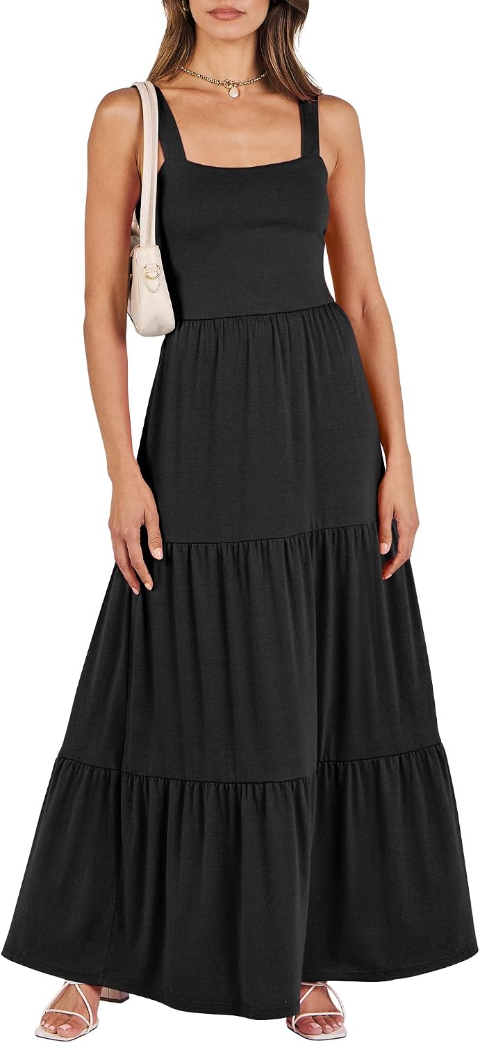 ANRABESS Women's Summer Flowy Maxi Dress Square Neck Sundress with Pockets | Casual Beach Travel Vacation Sleeveless Sun Dress, A-line Boho Tiered Tank Top Long Dresses