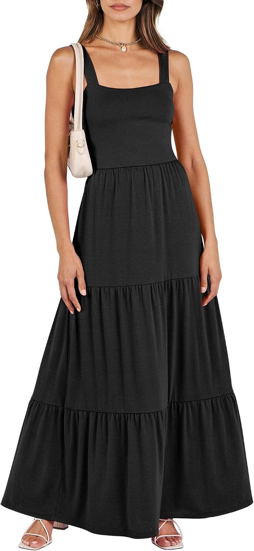 ANRABESS Women's Summer Flowy Maxi Dress Square Neck Sundress with Pockets | Casual Beach Travel Vacation Sleeveless Sun Dress, A-line Boho Tiered Tank Top Long Dresses
