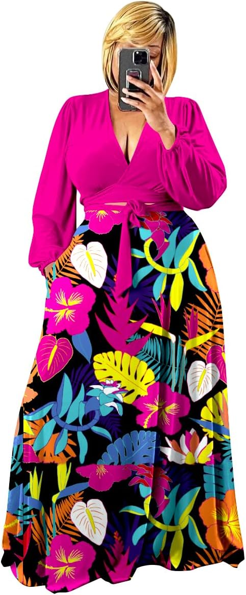 Plus Size Women's 2 Piece Outfits Casual Long Sleeve Wrap Crop Top Maxi Long Dress Flowy Matching Sets