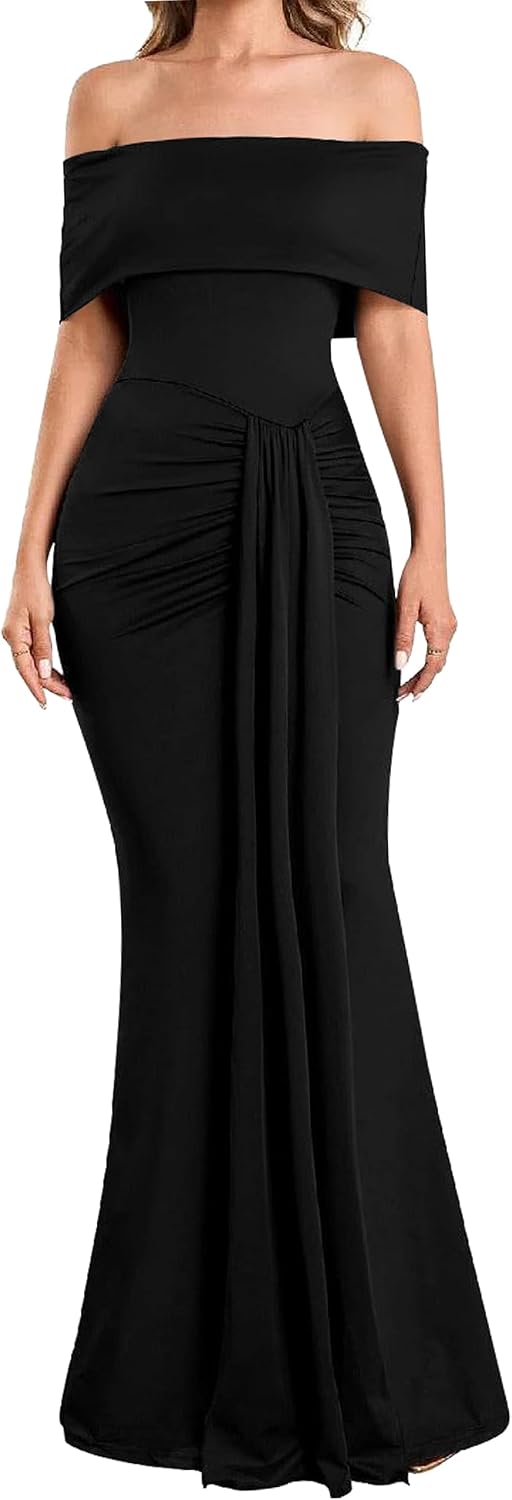 YMDUCH Women's Elegant Off Shoulder Sleeveless Long Formal Dress | Stretch,Ruched,Bodycon,Mermaid,Slim Fit,Solid,Evening,Wedding Guest,Birthday,Bridesmaid,Cocktail,Maxi,Fashion