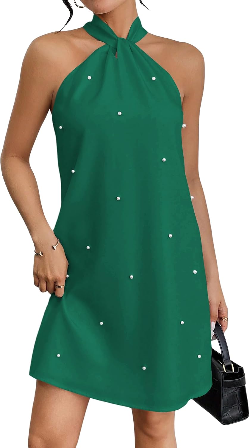 Floerns Women's Pearl Beaded Halter Twist Sleeveless Tie Back Dress | Garden Wedding Guest, Cocktail, Going Out, Pretty A Line, Vacation, Summer, Elegant Casual Outfit