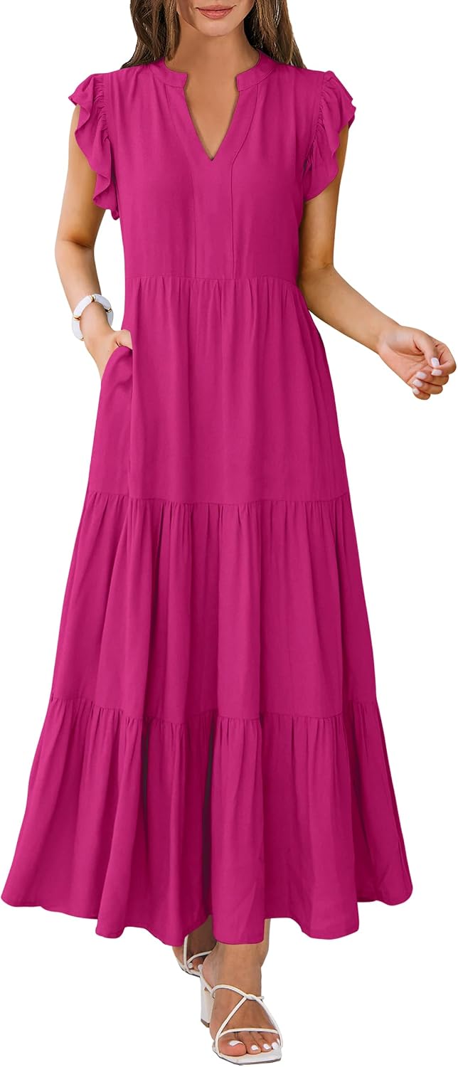 ANRABESS Womens Summer Dress Ruffle Sleeve V Neck Vacation Maxi Dresses | Flowy Tiered Boho Beach Sundress, Casual Fit Long Dress with Pockets, Soft Fashion Work Outfits 2026
