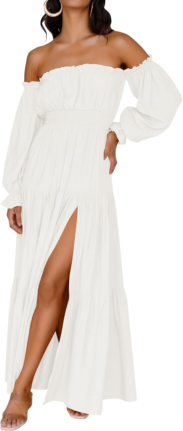 ZESICA Womens Fall Long Sleeve Boho Off Shoulder Maxi Dresses | Sexy Side Split, Flowy A Line, Puff\/Lantern Sleeve, High Waist, 2026 Trendy Long Dress, Wedding Guest Dress, Maternity Dress