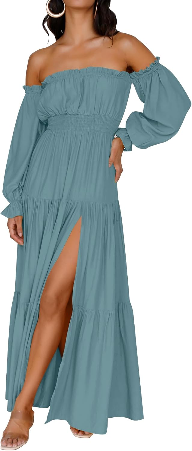 ZESICA Womens Fall Long Sleeve Boho Off Shoulder Maxi Dresses | Sexy Side Split, Flowy A Line, Puff\/Lantern Sleeve, High Waist, 2026 Trendy Long Dress, Wedding Guest Dress, Maternity Dress