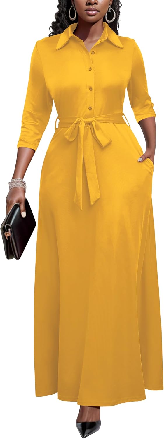 Runwind Womens Maxi Dress 3\/4 Sleeve Button Down Church Dress with Pockets | lapel neck tie waist long dress with belt\/ casual bussiness office dress\/ elegant for wedding guest, dinner party