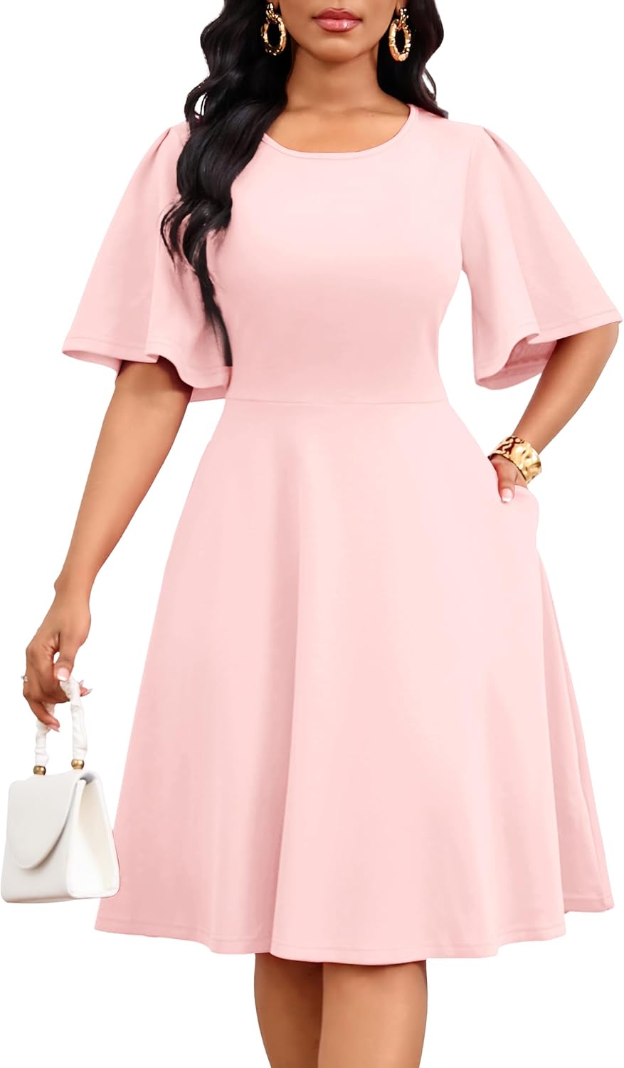 Nmoder Women Ruffle Flared Sleeve Wedding Guest Church A-Line Midi Dress | Flowy short sleeve hiding the arm, practical pockets and zipper, classic crewneck, light and breathable fabric for summer