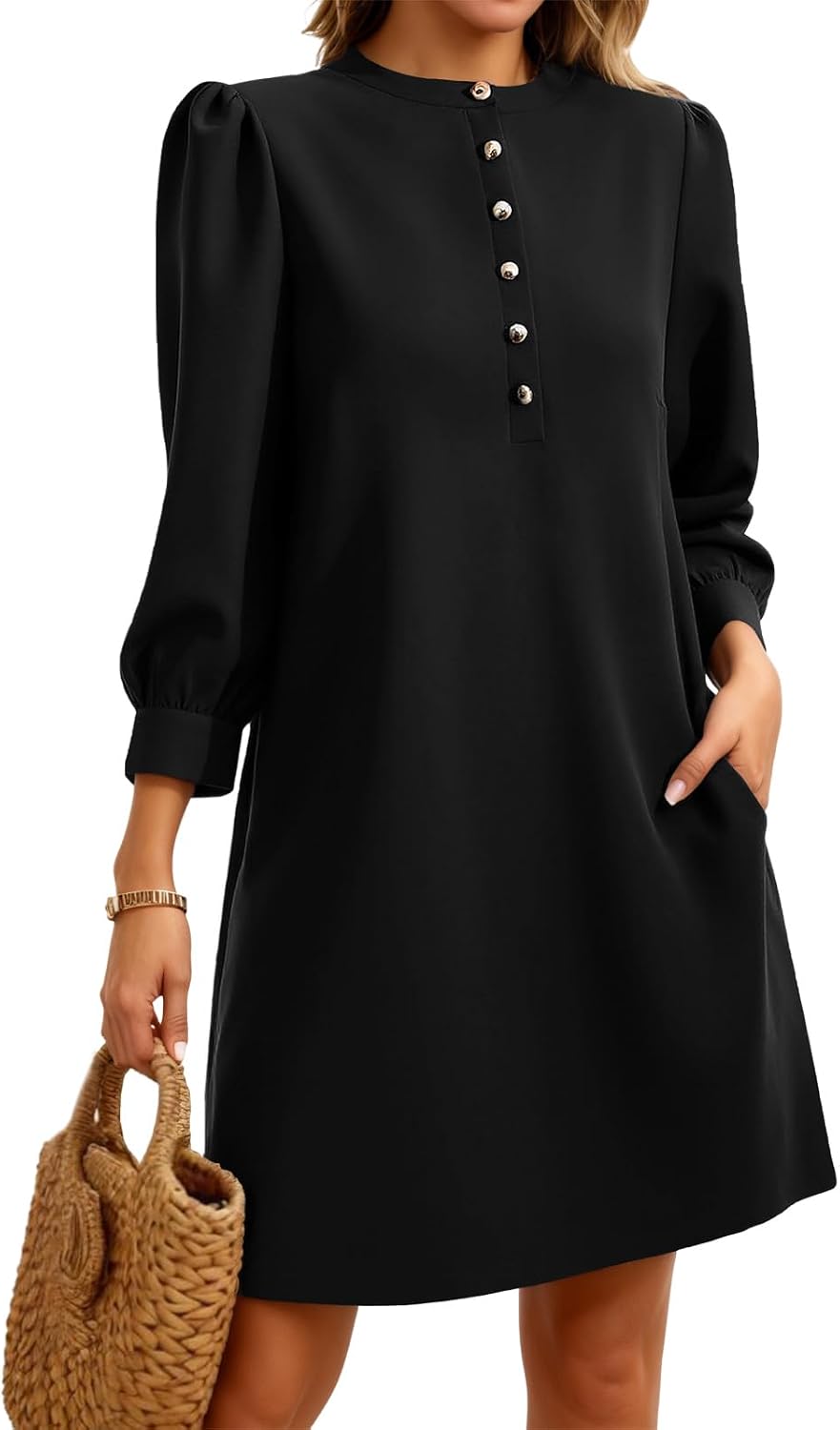 Wenrine Womens 3\/4 Puff Sleeve Mini Dress Button Crewneck Elegant Casual Business Shift Dresses 2026