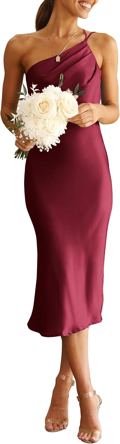 PRETTYGARDEN Women's Satin Backless Midi Cocktail Dress | Silk Fabric, Spaghetti Strap, One Shoulder Asymmetrical, Ruched Bodycon, Wedding Guest Party, Semi Formal Summer Outfits