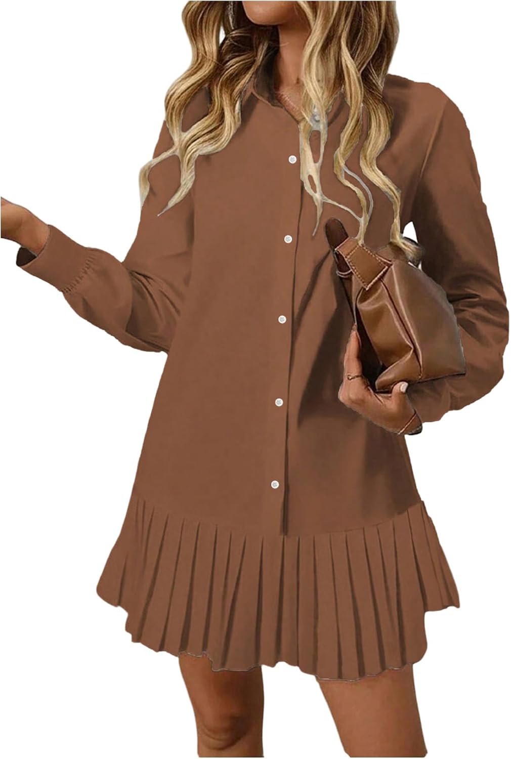 SOLY HUX Women's Button Down Long Sleeve Shirt Dress | Collared, Pleated, Swing Mini Dresses