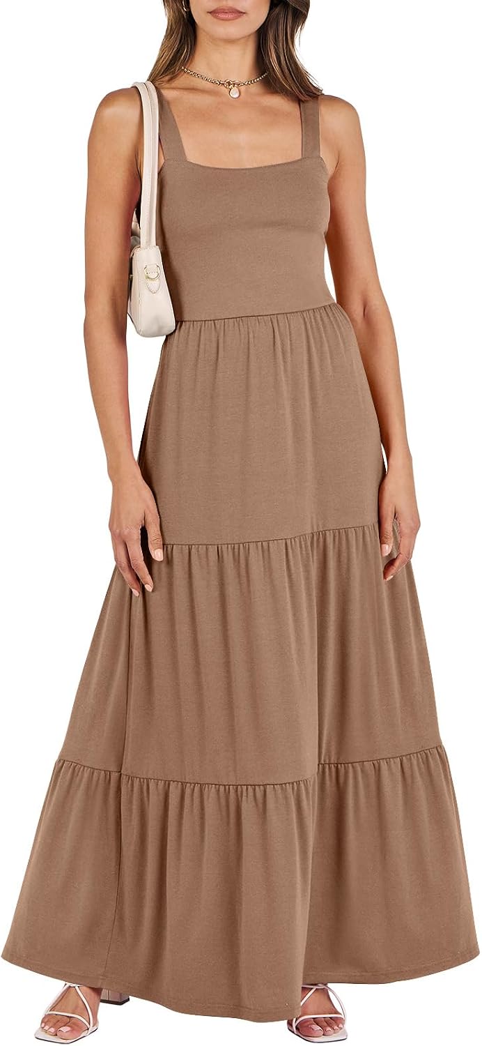 ANRABESS Women's Summer Flowy Maxi Dress Square Neck Sundress with Pockets | Casual Beach Travel Vacation Sleeveless Sun Dress, A-line Boho Tiered Tank Top Long Dresses