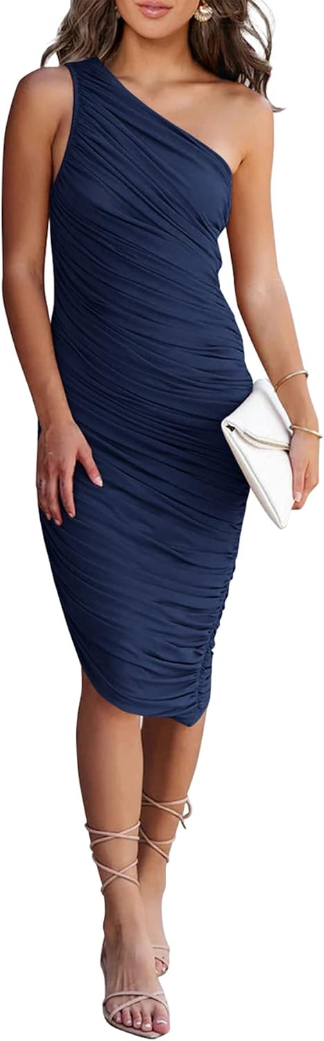 PRETTYGARDEN One Shoulder Midi Dresses for Women Summer | Stretchy Lightweight Mesh, Ruched Asymmetrical, Fitted Bodycon, Elegant Dress for Wedding Guest, Cocktail Party, Date Night