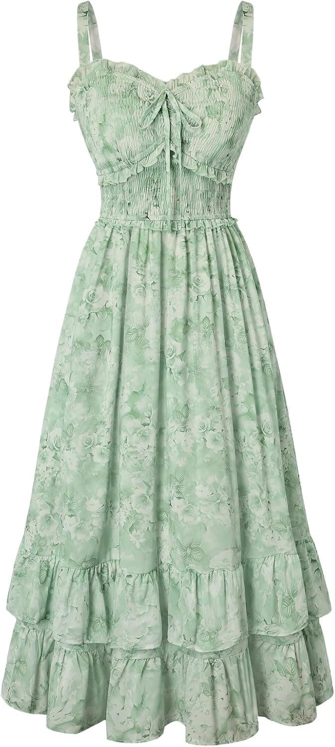 Scarlet Darkness Women's Floral Dress Smocked Sundress with Pockets | Cottagecore Milkmaid Summer Spring Dresses, A line, Flowy, Ankle Length, for Casual, Vacation, Wedding Guest, Tea Party
