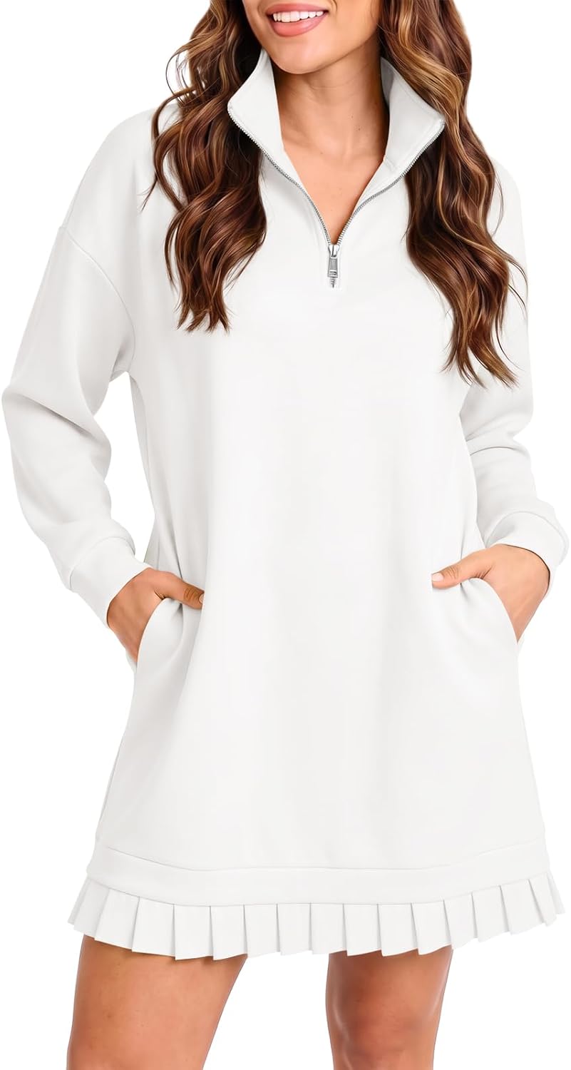 Fisoew Womens Casual Dress Half Zip Pleated Collared Sweatshirt Dresses | Long Sleeve, V Neck, Pockets, Stand Collar, Quarter Zip, Loose Fit, Active, Workout, Cozy, Travel, Vacation, Tunic, Tshirt