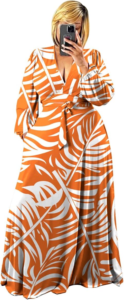 Plus Size Women's 2 Piece Outfits Casual Long Sleeve Wrap Crop Top Maxi Long Dress Flowy Matching Sets