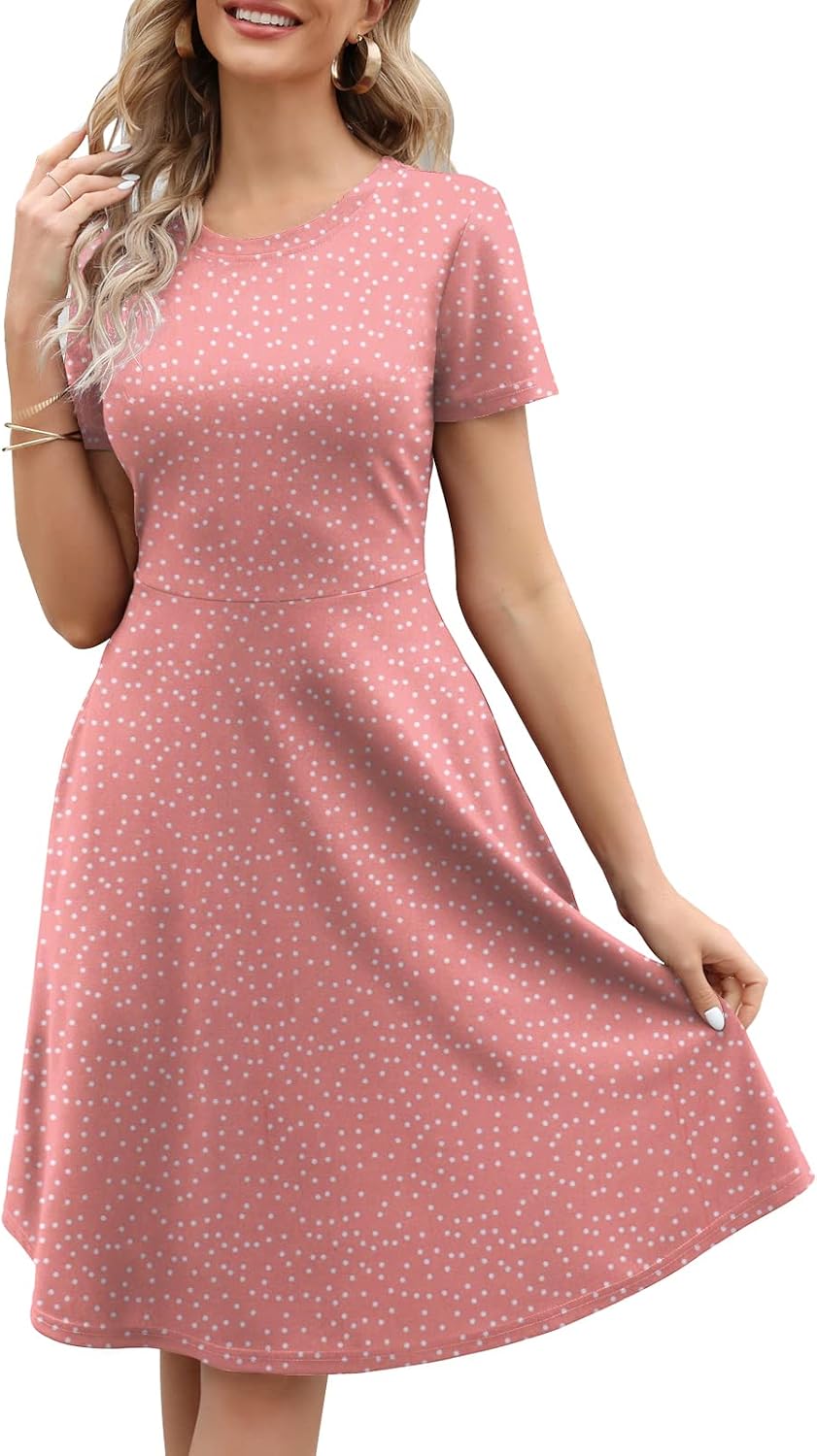 Women's Elegant Knee Length Dresses Vintage Summer Office Casual Floral Print Work Party A-Line Swing Dress with Pockets 162