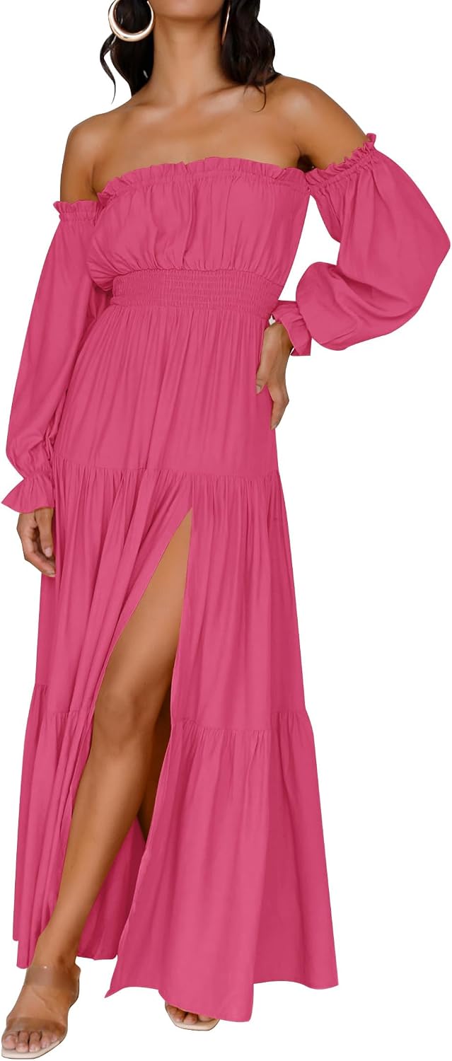 ZESICA Womens Fall Long Sleeve Boho Off Shoulder Maxi Dresses | Sexy Side Split, Flowy A Line, Puff\/Lantern Sleeve, High Waist, 2026 Trendy Long Dress, Wedding Guest Dress, Maternity Dress