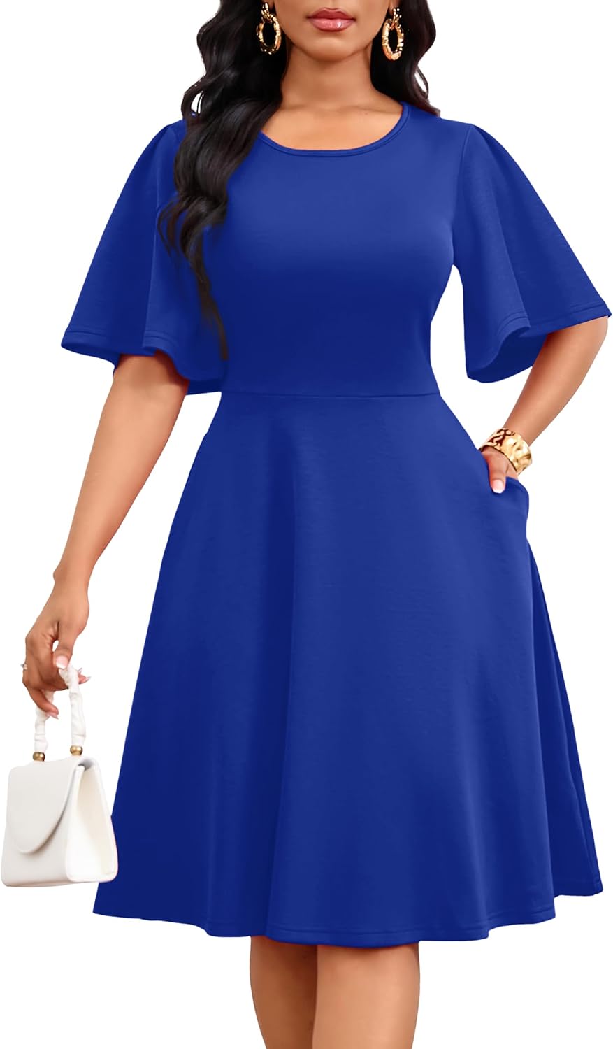 Nmoder Women Ruffle Flared Sleeve Wedding Guest Church A-Line Midi Dress | Flowy short sleeve hiding the arm, practical pockets and zipper, classic crewneck, light and breathable fabric for summer