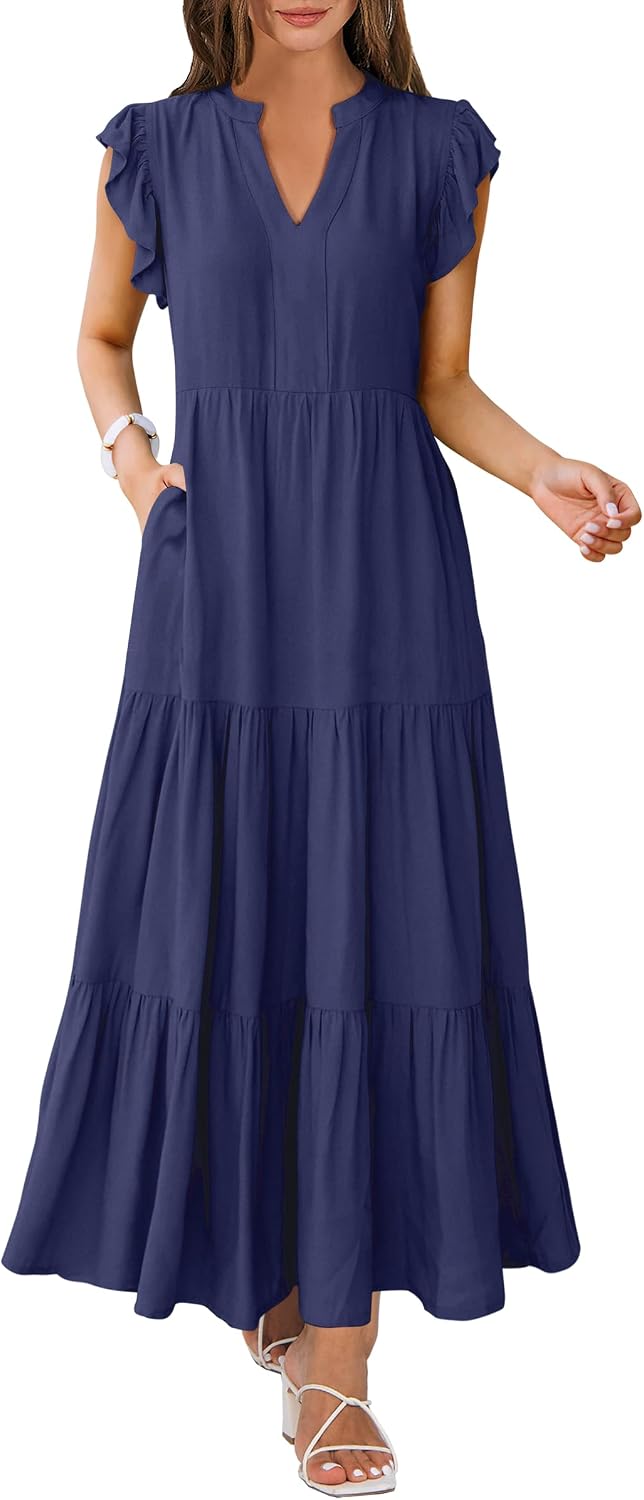 ANRABESS Womens Summer Dress Ruffle Sleeve V Neck Vacation Maxi Dresses | Flowy Tiered Boho Beach Sundress, Casual Fit Long Dress with Pockets, Soft Fashion Work Outfits 2026