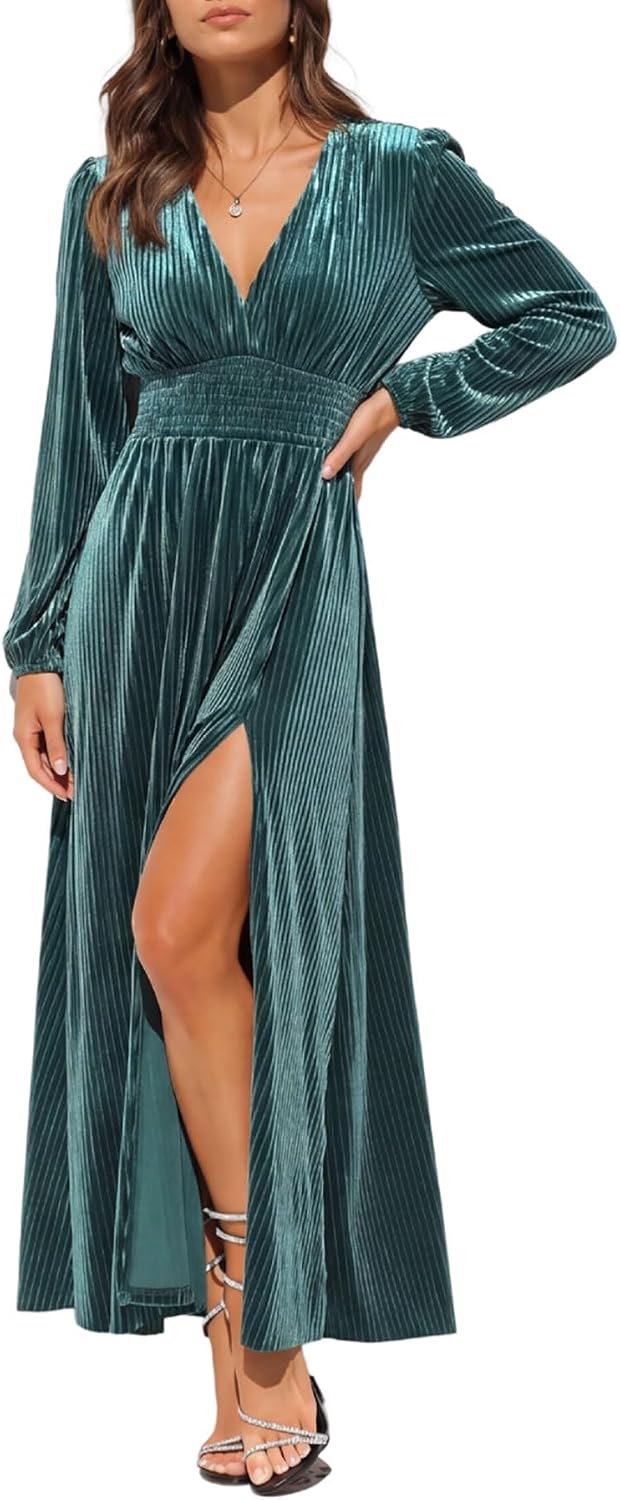 Sissyaki Women's Velvet Long Sleeve Maxi Dress Formal Wedding Guest Cocktail Dress for Fall Winter