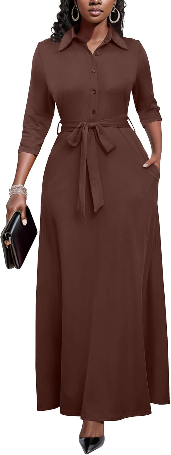 Runwind Womens Maxi Dress 3\/4 Sleeve Button Down Church Dress with Pockets | lapel neck tie waist long dress with belt\/ casual bussiness office dress\/ elegant for wedding guest, dinner party