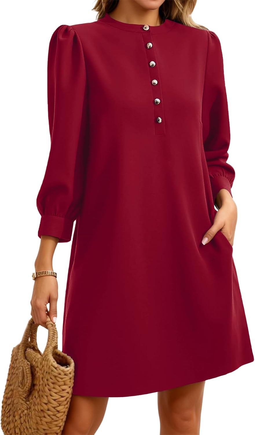 Wenrine Womens 3\/4 Puff Sleeve Mini Dress Button Crewneck Elegant Casual Business Shift Dresses 2026