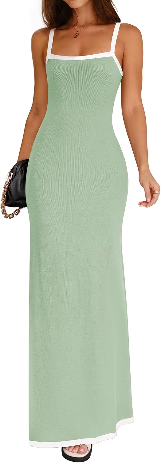 ZESICA Women's 2026 Summer Spaghetti Straps Square Neck Beach Maxi Dress | Lightweight Sleeveless Backless, Knit Long Dresses, Party Cocktail Wedding Guest Bridesmaid Date, Cute Casual Basic Sundress