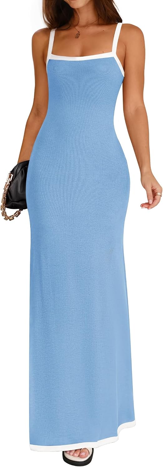 ZESICA Women's 2026 Summer Spaghetti Straps Square Neck Beach Maxi Dress | Lightweight Sleeveless Backless, Knit Long Dresses, Party Cocktail Wedding Guest Bridesmaid Date, Cute Casual Basic Sundress