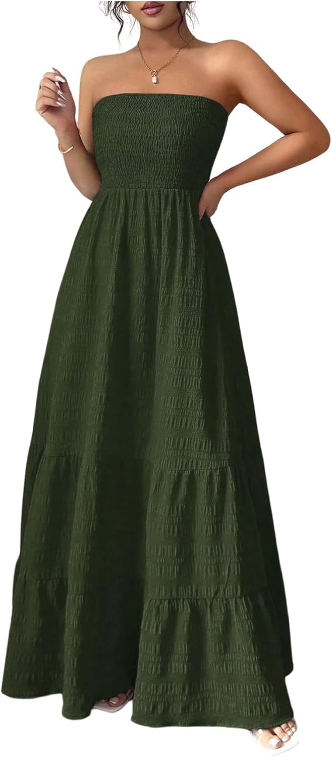 SHENHE Women's Strapless Tube Top Maxi Dress A Line Tiered Flowy Dress | Smocked Waist, Ruffle, Textured, Party Dress, Vacation Dress