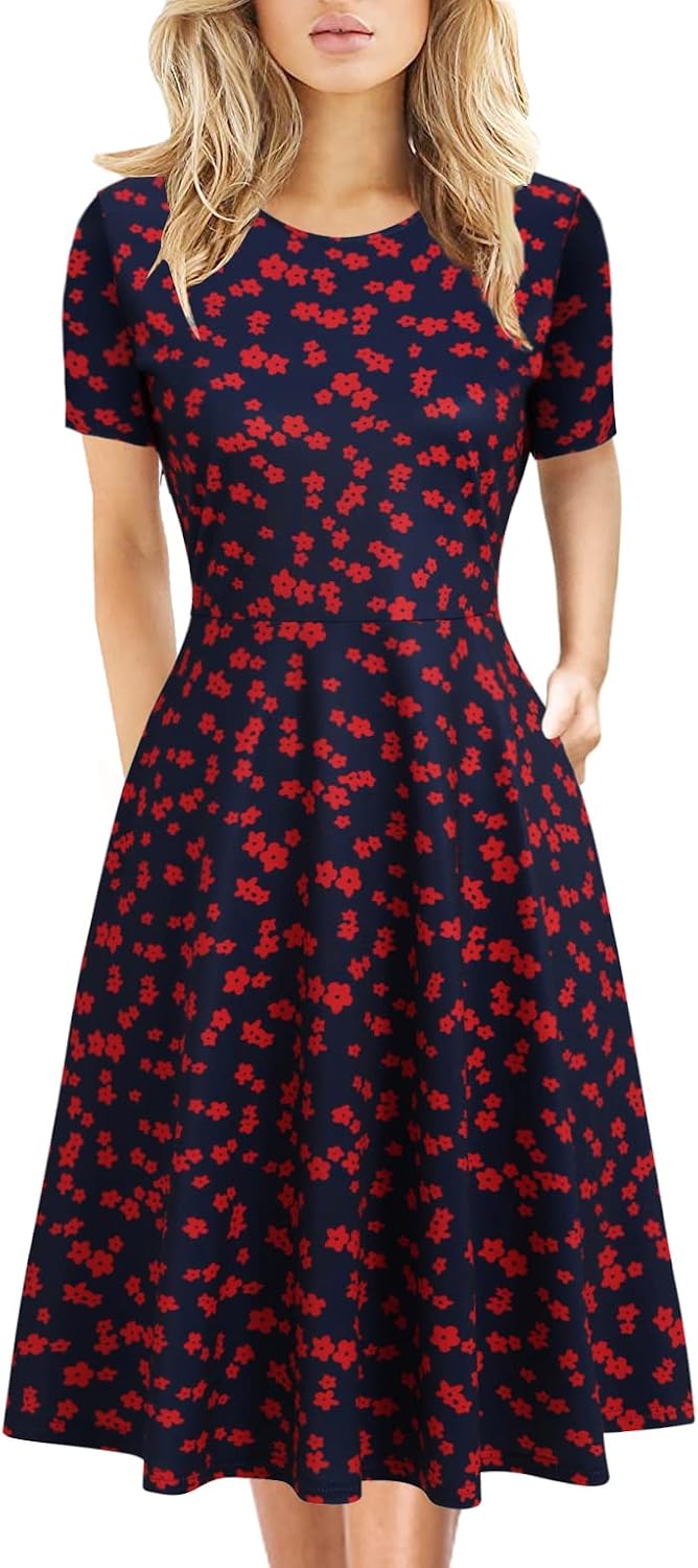 Women's Elegant Knee Length Dresses Vintage Summer Office Casual Floral Print Work Party A-Line Swing Dress with Pockets 162