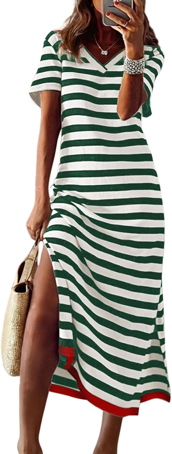 Dokotoo Womens 2026 Short Sleeve Maxi Dress Striped Split T Shirt Dress | Summer Spring Fall,V Neck,Long Dresses,Sundress,Casual Trendy,Vacation Cruise Outfits,Resort Wear