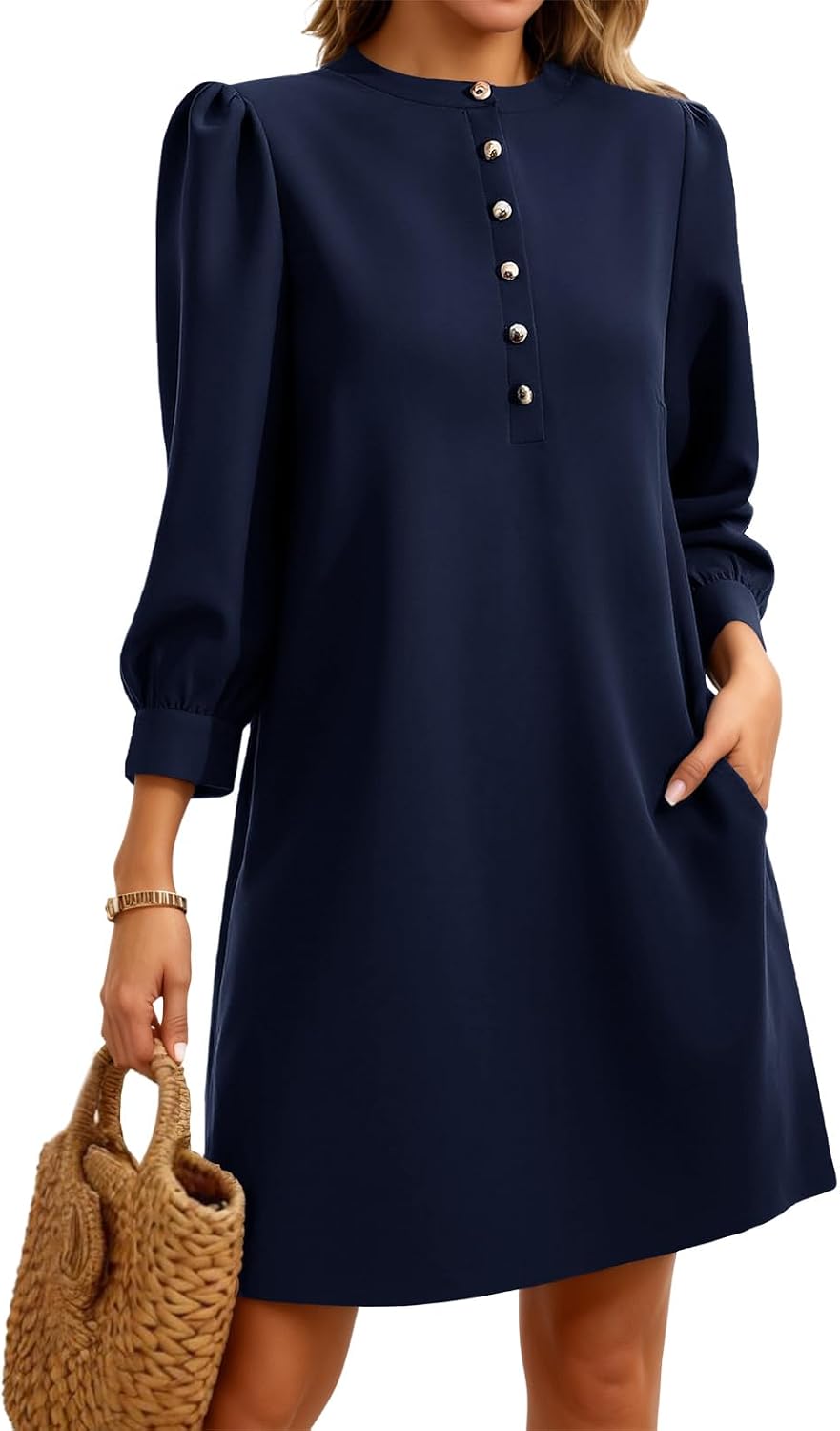 Wenrine Womens 3\/4 Puff Sleeve Mini Dress Button Crewneck Elegant Casual Business Shift Dresses 2026