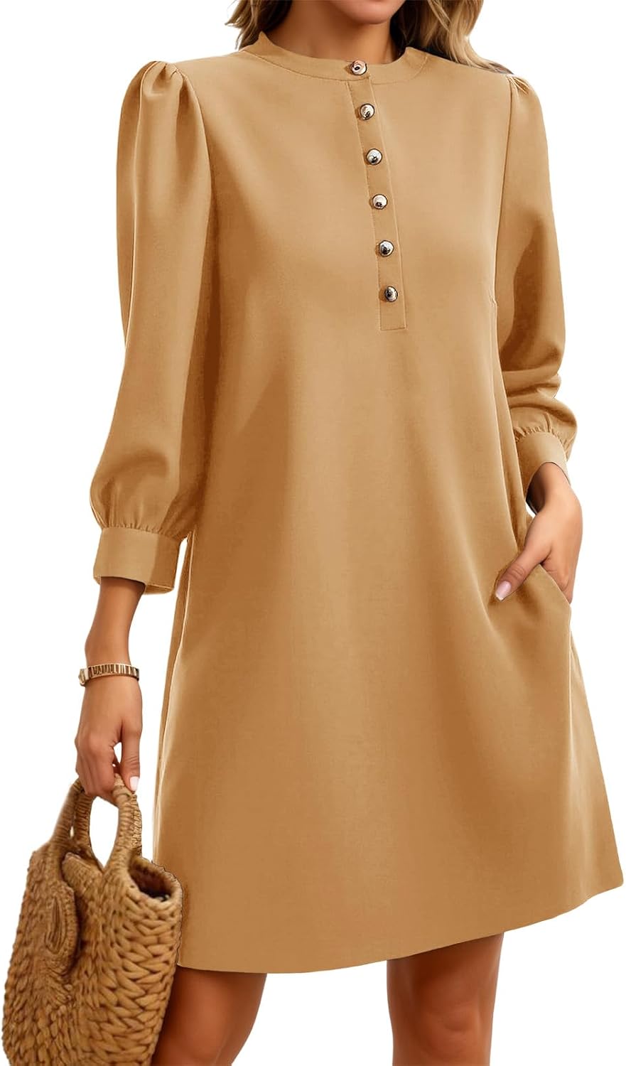 Wenrine Womens 3\/4 Puff Sleeve Mini Dress Button Crewneck Elegant Casual Business Shift Dresses 2026