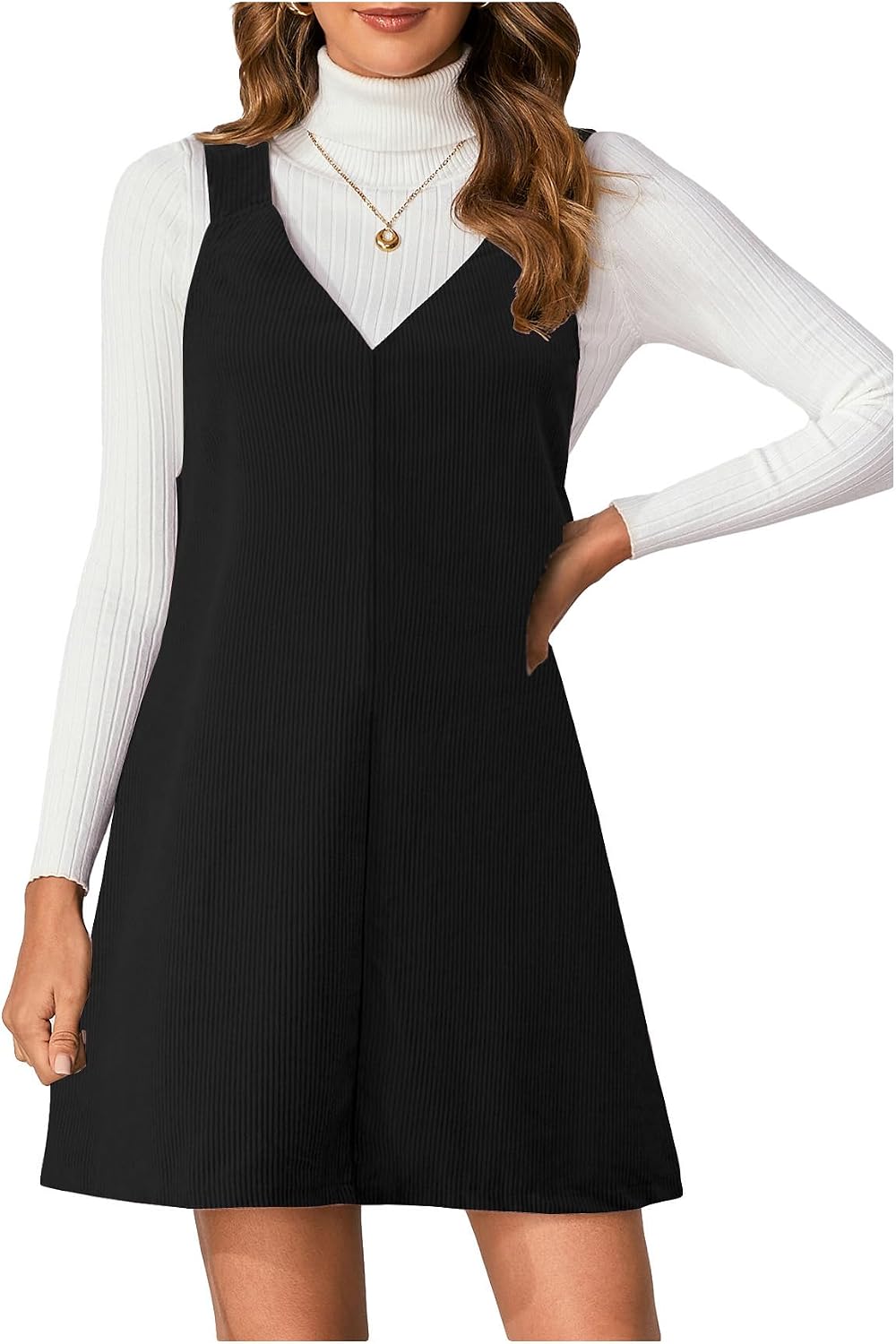 Milumia Women's Corduroy Overalls Dress Mini Pinafore Jumpers Fall Dresses | A Line, V Neck, for Ladies, 90s, Going Out, 2026 Fall Photoshoot Outfits, Casual Short Dresses