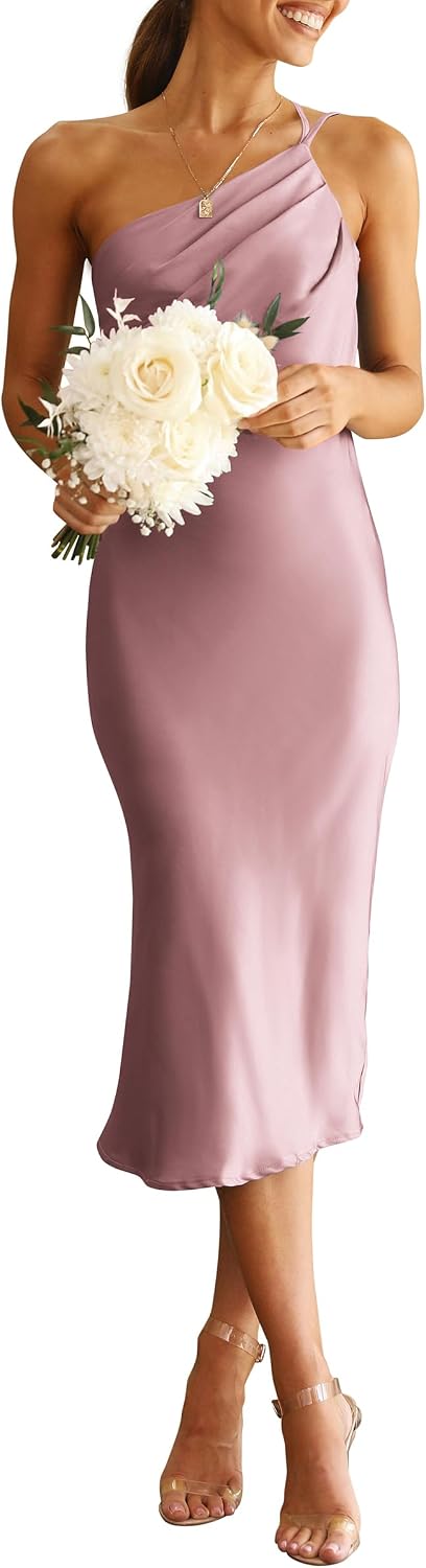 PRETTYGARDEN Women's Satin Backless Midi Cocktail Dress | Silk Fabric, Spaghetti Strap, One Shoulder Asymmetrical, Ruched Bodycon, Wedding Guest Party, Semi Formal Summer Outfits