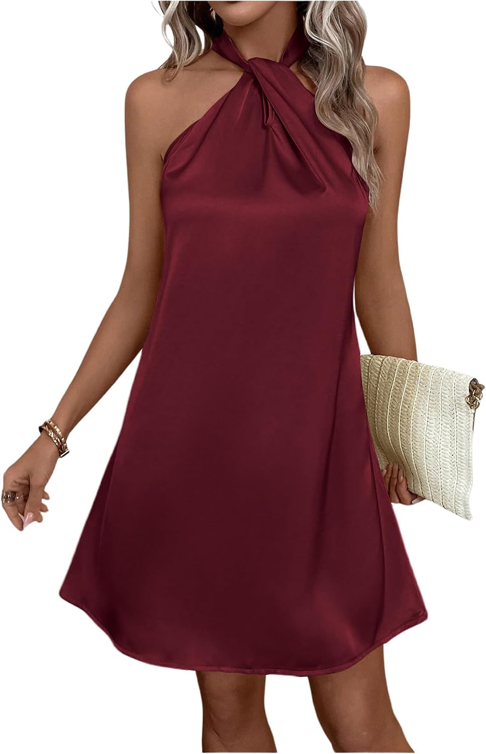 Floerns Women's Pearl Beaded Halter Twist Sleeveless Tie Back Dress | Garden Wedding Guest, Cocktail, Going Out, Pretty A Line, Vacation, Summer, Elegant Casual Outfit