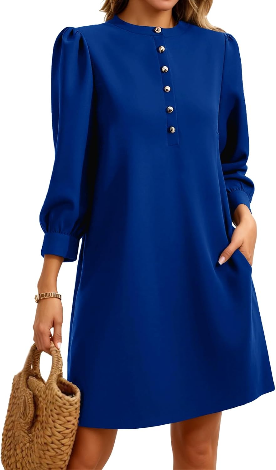 Wenrine Womens 3\/4 Puff Sleeve Mini Dress Button Crewneck Elegant Casual Business Shift Dresses 2026