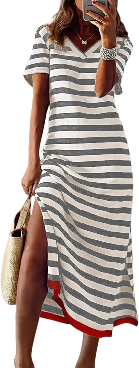 Dokotoo Womens 2026 Short Sleeve Maxi Dress Striped Split T Shirt Dress | Summer Spring Fall,V Neck,Long Dresses,Sundress,Casual Trendy,Vacation Cruise Outfits,Resort Wear