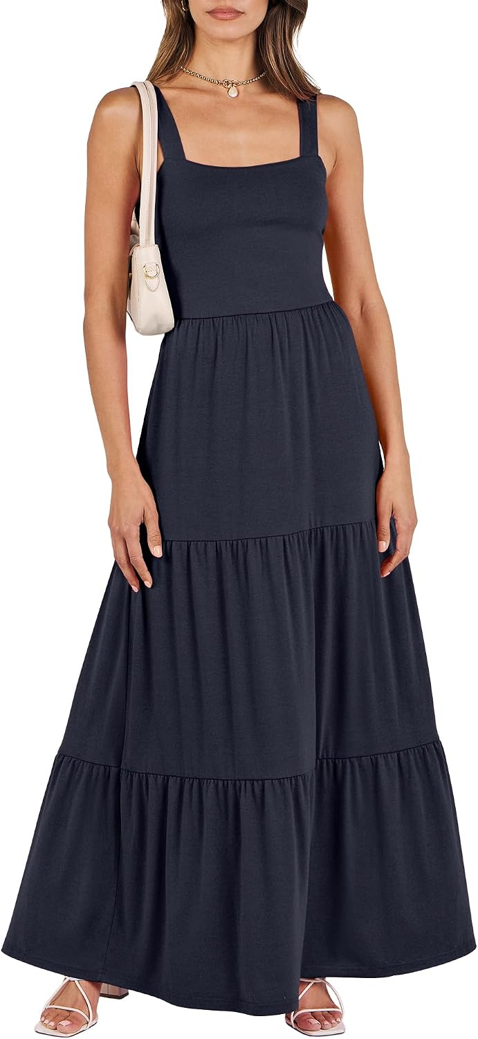 ANRABESS Women's Summer Flowy Maxi Dress Square Neck Sundress with Pockets | Casual Beach Travel Vacation Sleeveless Sun Dress, A-line Boho Tiered Tank Top Long Dresses