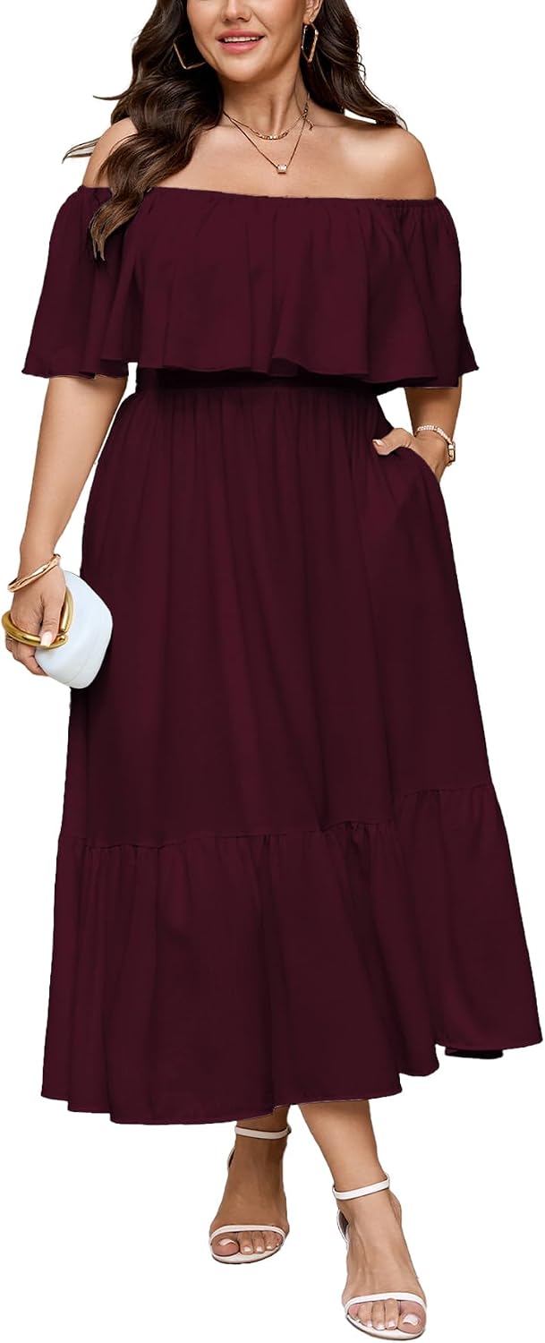SCOMCHIC Womens Plus Size Wedding Guest Cocktail Dresses | Off The Shoulder, Smocked Waist， Ruffle Slit， Maxi Dress with Pockets