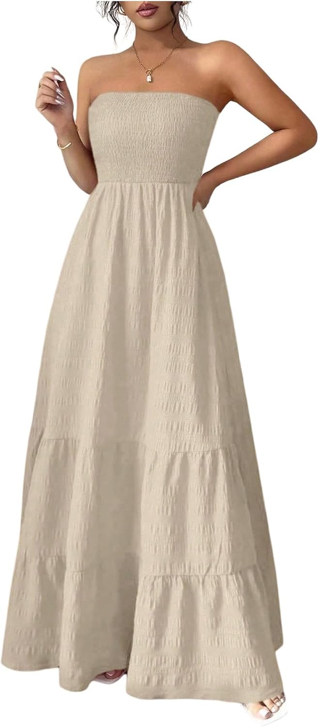 SHENHE Women's Strapless Tube Top Maxi Dress A Line Tiered Flowy Dress | Smocked Waist, Ruffle, Textured, Party Dress, Vacation Dress