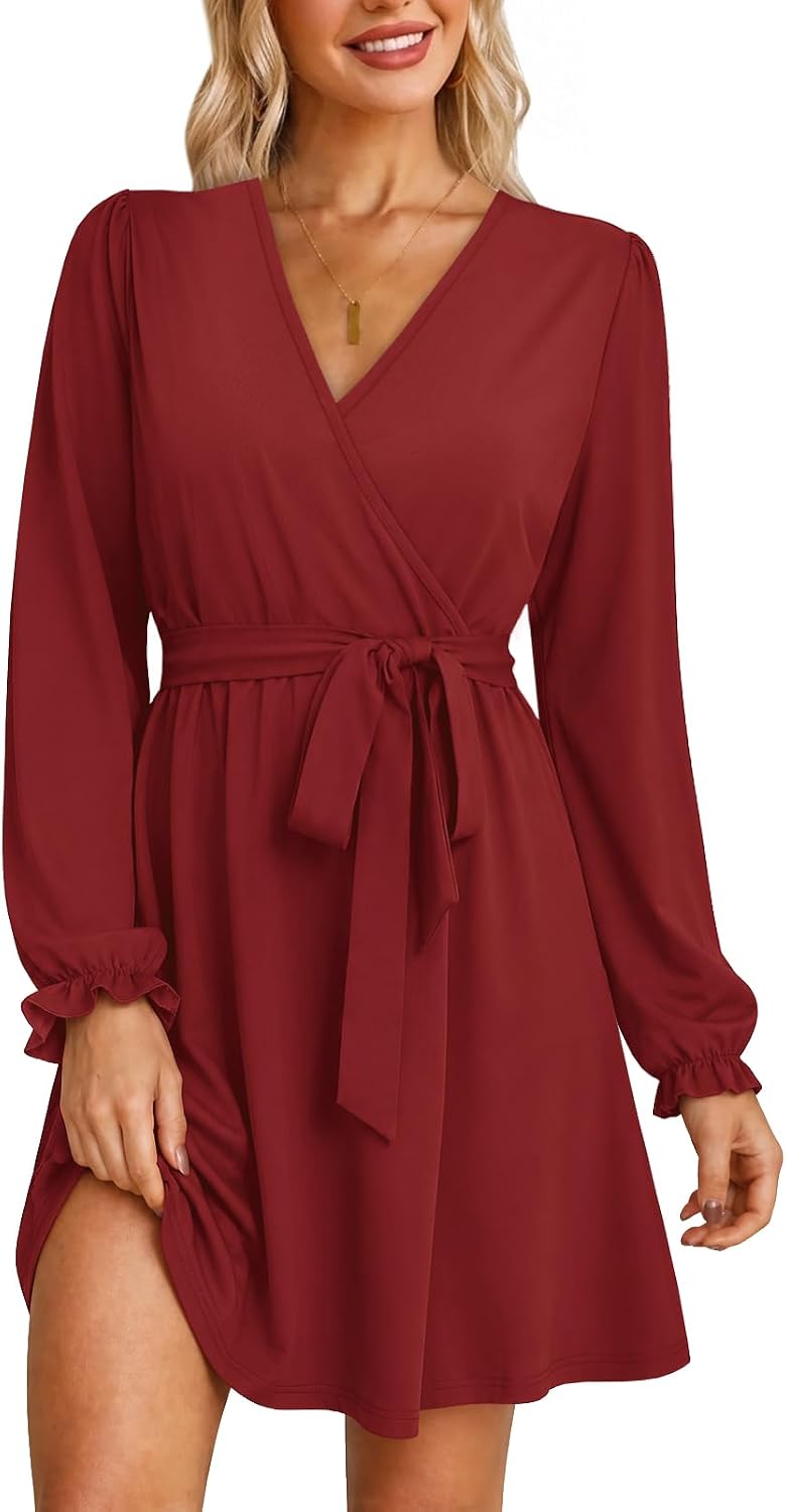 OFEEFAN Womens Wrap V Neck Dress Long Sleeve Belted Fall a Line Dress 2026 | Knee Length Dress,Wedding Guest Dress,Elastic Waist with Belt,Soft Stretch Fabric,Dressy Casual,Solid Floral Prints