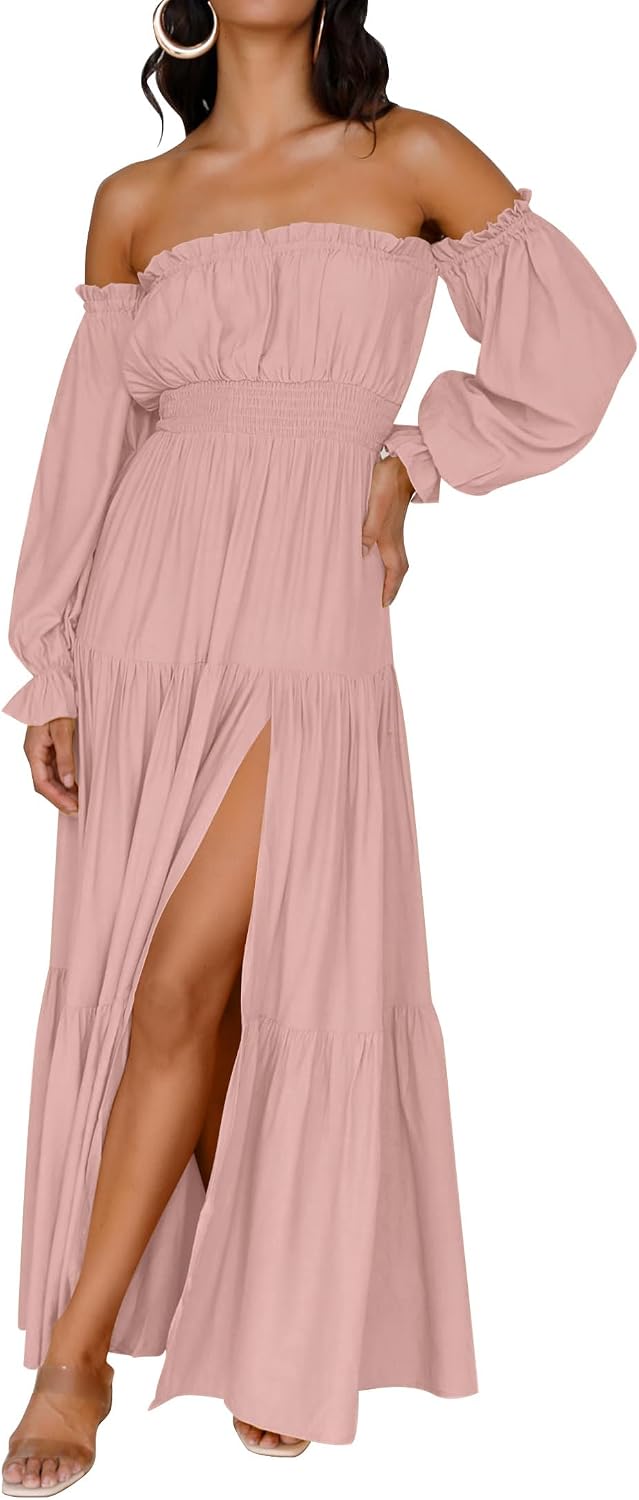 ZESICA Womens Fall Long Sleeve Boho Off Shoulder Maxi Dresses | Sexy Side Split, Flowy A Line, Puff\/Lantern Sleeve, High Waist, 2026 Trendy Long Dress, Wedding Guest Dress, Maternity Dress
