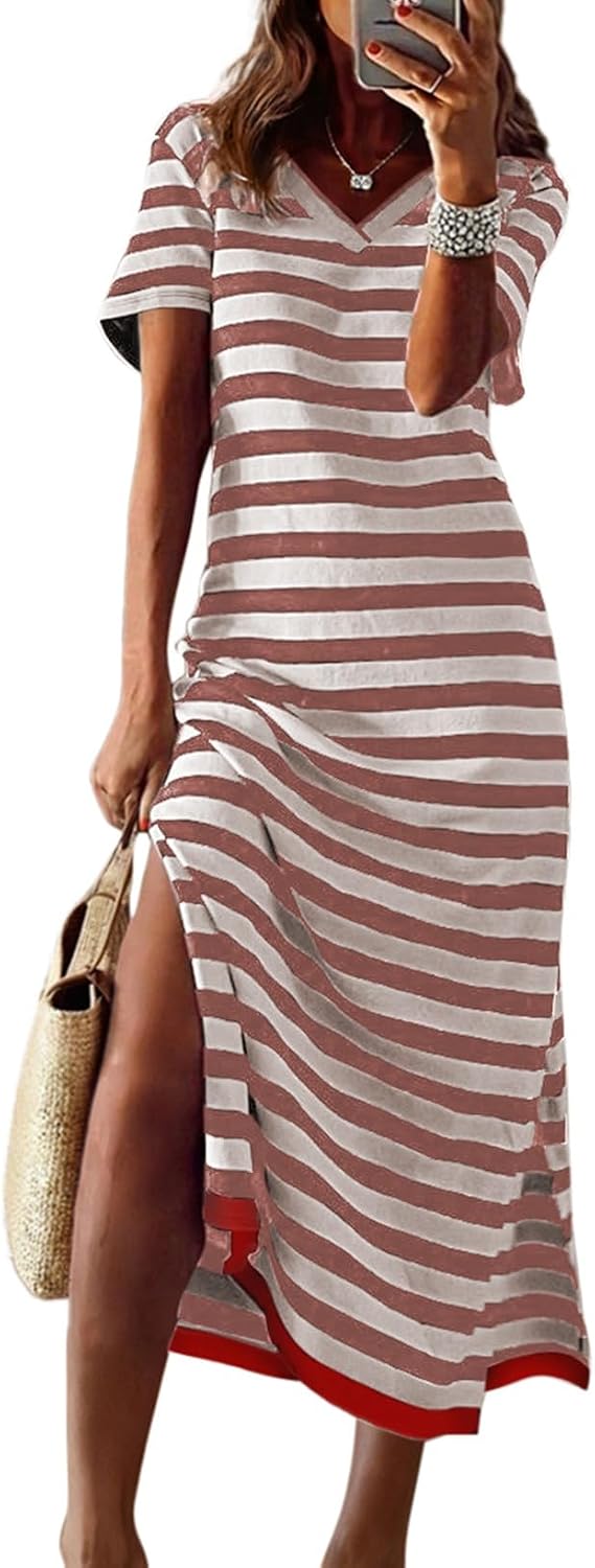 Dokotoo Womens 2026 Short Sleeve Maxi Dress Striped Split T Shirt Dress | Summer Spring Fall,V Neck,Long Dresses,Sundress,Casual Trendy,Vacation Cruise Outfits,Resort Wear