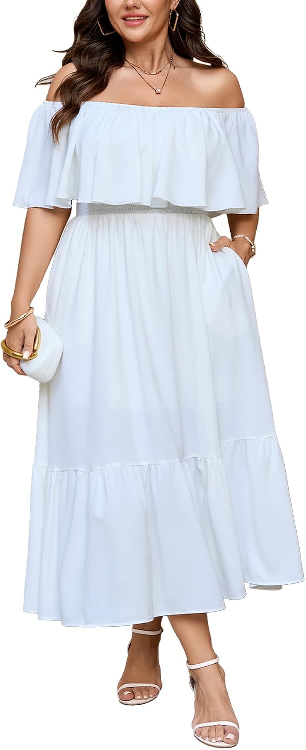 SCOMCHIC Womens Plus Size Wedding Guest Cocktail Dresses | Off The Shoulder, Smocked Waist， Ruffle Slit， Maxi Dress with Pockets