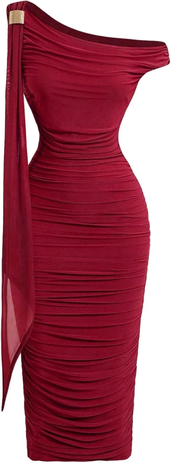 Floerns Women's Elegant Off The Shoulder Midi Dress Metal Sleeveless Ruched Slim Fit Bodycon Party Dresses