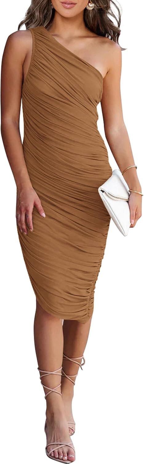 PRETTYGARDEN One Shoulder Midi Dresses for Women Summer | Stretchy Lightweight Mesh, Ruched Asymmetrical, Fitted Bodycon, Elegant Dress for Wedding Guest, Cocktail Party, Date Night