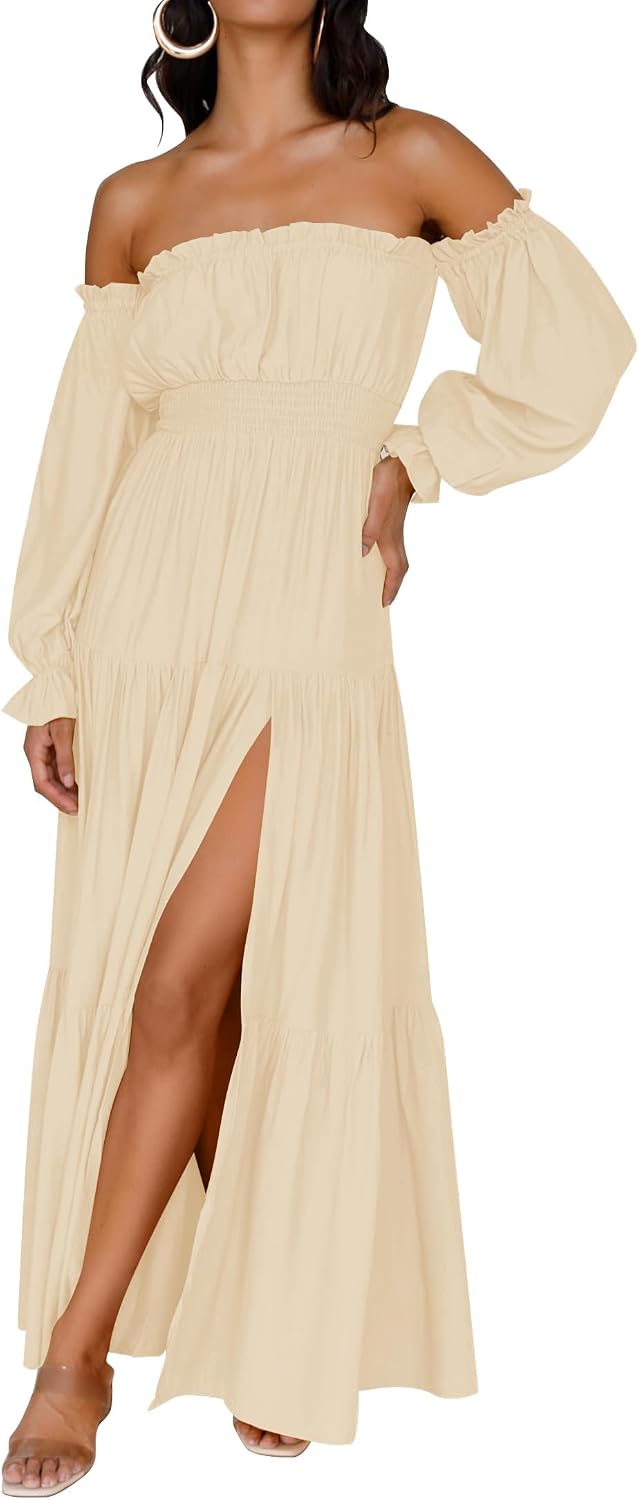 ZESICA Womens Fall Long Sleeve Boho Off Shoulder Maxi Dresses | Sexy Side Split, Flowy A Line, Puff\/Lantern Sleeve, High Waist, 2026 Trendy Long Dress, Wedding Guest Dress, Maternity Dress