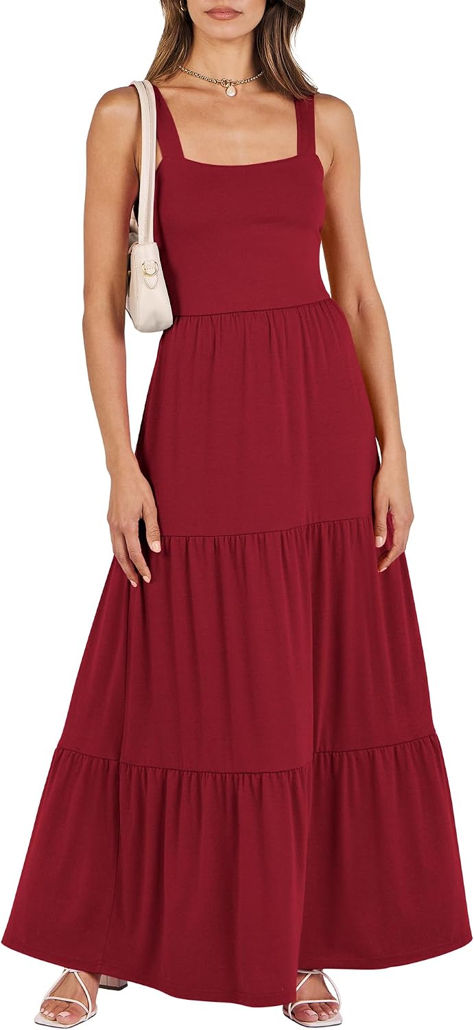ANRABESS Women's Summer Flowy Maxi Dress Square Neck Sundress with Pockets | Casual Beach Travel Vacation Sleeveless Sun Dress, A-line Boho Tiered Tank Top Long Dresses
