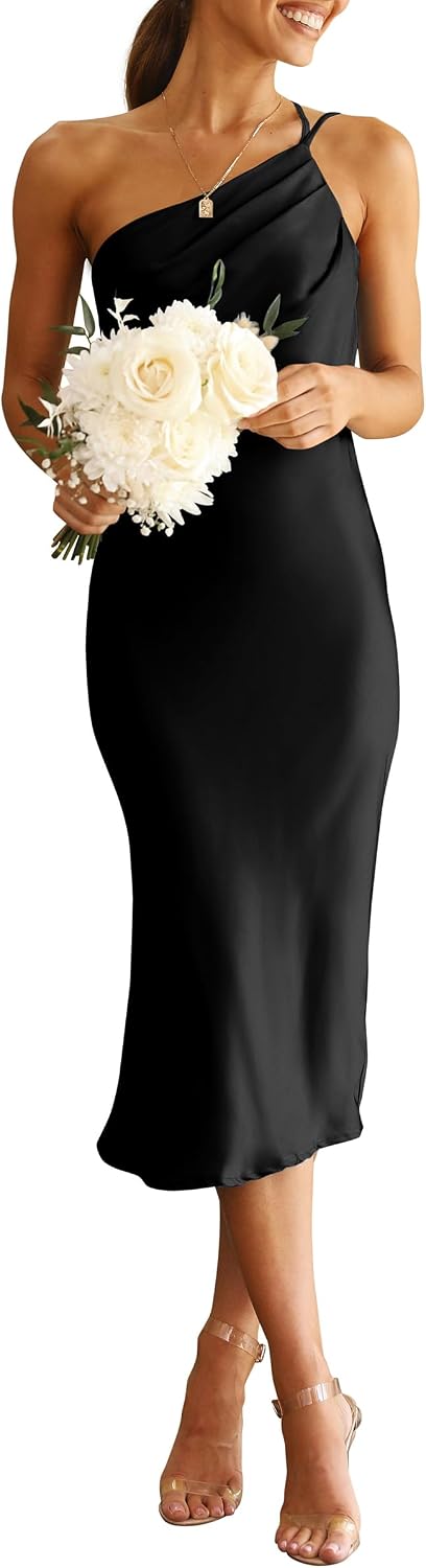 PRETTYGARDEN Women's Satin Backless Midi Cocktail Dress | Silk Fabric, Spaghetti Strap, One Shoulder Asymmetrical, Ruched Bodycon, Wedding Guest Party, Semi Formal Summer Outfits